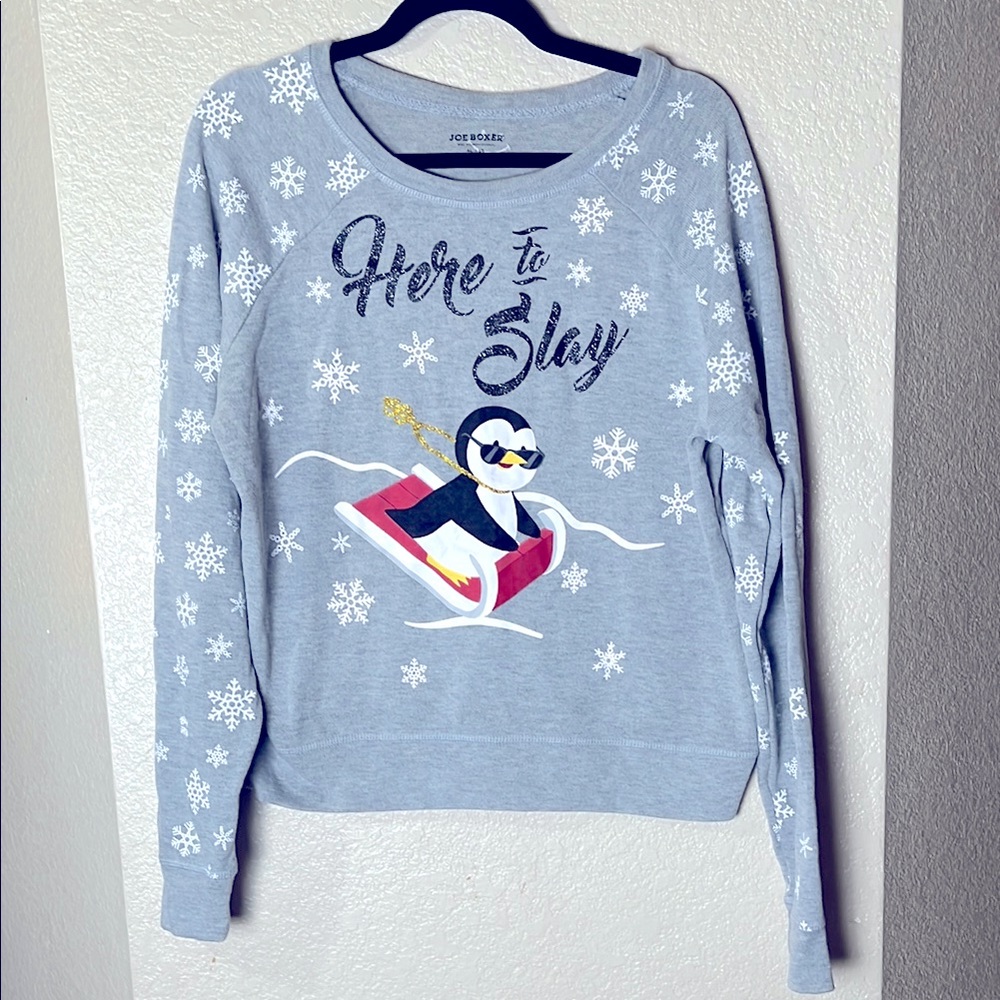 Joe Boxer 'Here to Slay' Penguin Holiday Sweatshirt - Light Gray Women's XL